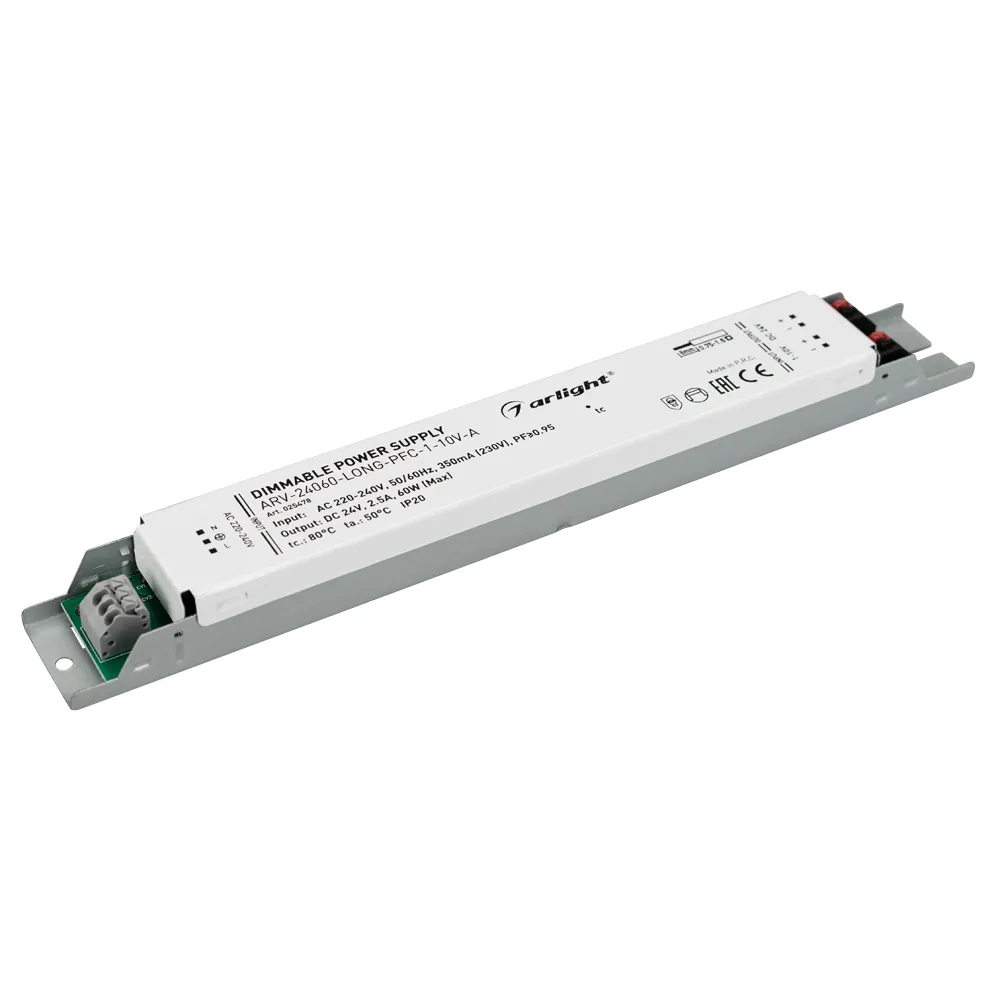 Блок питания ARV-24060-LONG-PFC-1-10V-A (24V, 2.5A, 60W) (Arlight, IP20 Металл, 5 лет) - изображение товара